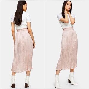 Topshop Plisse Pink Satin Pleated Midi Skirt size 8 Elastic Waist